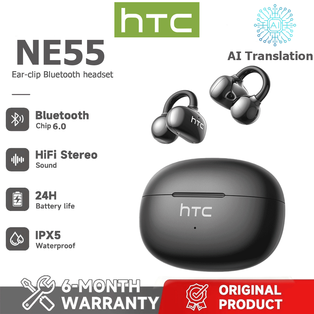 Tai nghe Bluetooth dịch thuật thời gian thực HTC NE55 AI, Tai nghe Bluetooth 6.0 dạng móc tai, Chất lượng âm thanh HiFi, Tai nghe không dây chống nước IPX5, Hỗ trợ dịch video, Bảo hành một năm | BigBuy360 - bigbuy360.vn