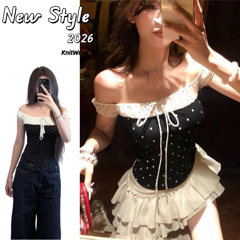 [Mới 2026] Áo kiểu chấm bi lệch vai dành cho nữ - Viền ren xù Slim-Fit Top Dễ thương Hot Stylish Wea
