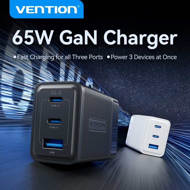 Vention Củ sạc nhanh GaN 65W -  3 cổng (2 USB-C + 1 USB-A) hỗ trợ PD 3.0, QC 4.0, PPS -  Sạc Nhanh L