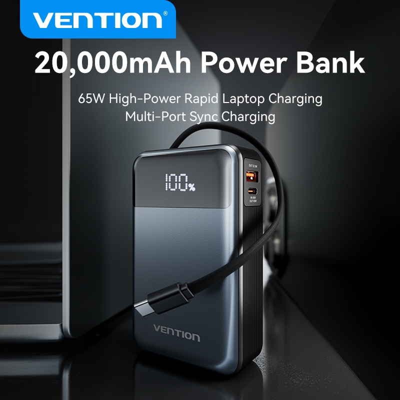  Sạc dự phòng có sạc nhanh 65W - Vention -20000mAh PD 3 chiều QC 4.0 Dây Cáp Tích Hợp Màn Hình LED 3 cổng sạc Sạc Nhanh Cho Laptop Máy Tính Xách Tay phone  17 16 15 14 13 12 11 samsung xiaomi Được Mang Lên Máy Bay Hàng Chính Hãng BH 12 tháng 