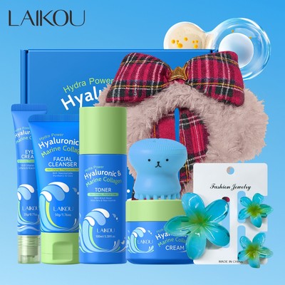 Axit Hyaluronic LAIKOU + Collagen Marine Complete Routine | Bộ dưỡng ẩm cường độ cao cho làn da mềm mại, mịn màng | Bao gồm Băng đô nơ & Kẹp tóc Frangipani