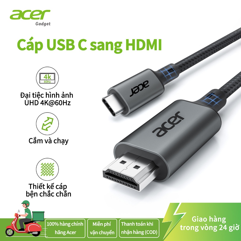 Acer Cáp chuyển USB C sang HDMI 4K 2K 60Hz HD Dây bện tốc độ cao Lõi đồng nguyên chất cho văn phòng tại nhà Tương thích với điện thoại Microsoft Laptop UC412