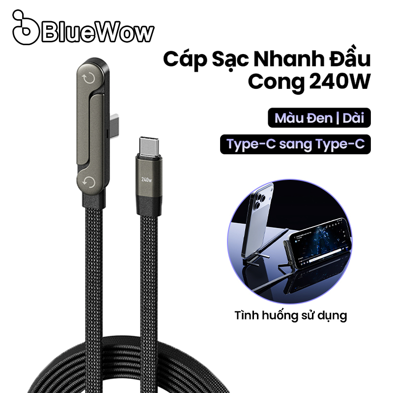 BlueWow 240W Type-C Cáp sạc nhanh có góc cạnh có giá đỡ Dây dữ liệu chơi game bện Nylon cho điện thoại di động Máy tính bảng Máy tính xách tay Dây sạc linh hoạt bền