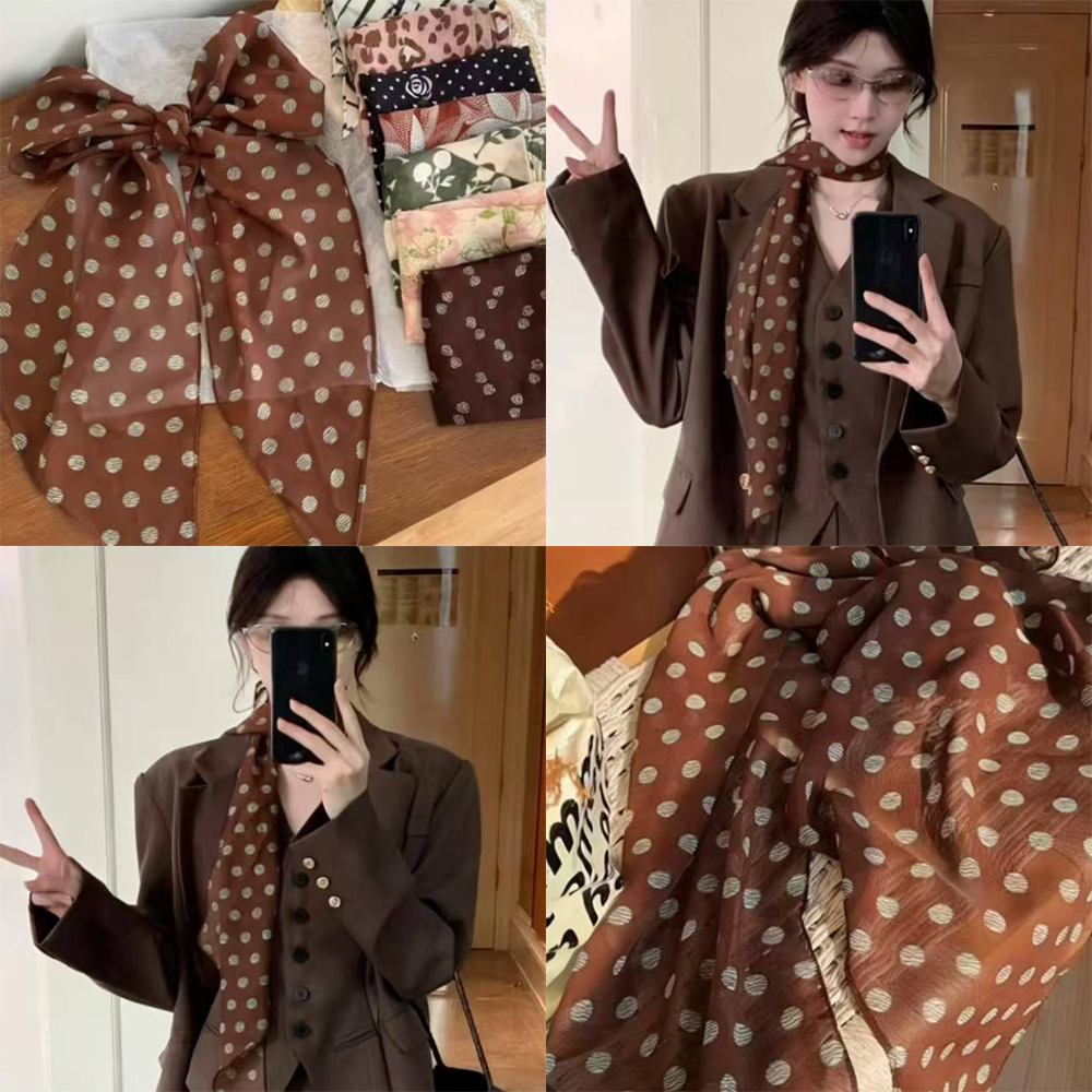 Khăn quàng cổ chấm bi Khăn lụa thắt lưng Chiffon vintage băng đô Y2k phụ kiện thời trang nữ cột tóc quà tặng bạn gái J101