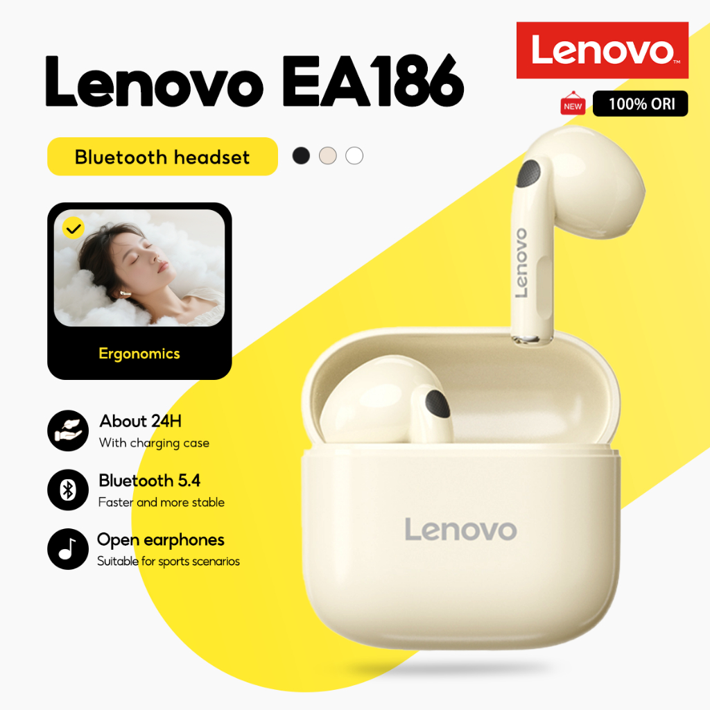 Tai nghe Lenovo EA186 Bluetooth 5.4 Tai nghe không dây đích thực Tuổi thọ pin dài Âm thanh nổi HD có Mic Nhạc
