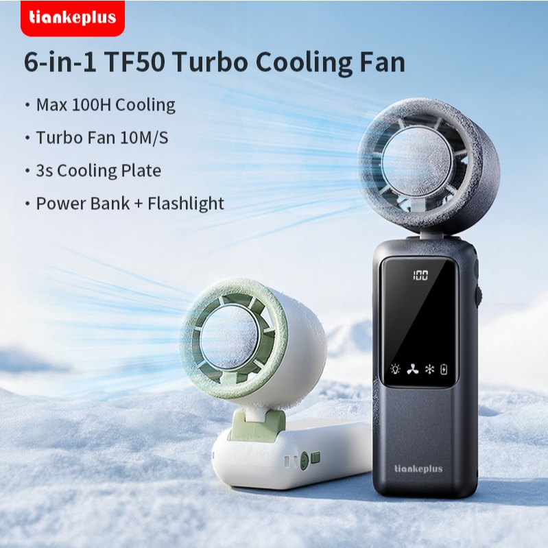 TiankePlus Quạt Cầm Tay Có Sò Lạnh 6 trong 1 TF50 Max – Gió Turbo Mạnh, Gấp Gọn, Quạt Mini Sò Lạnh, Quạt Tích Điện Mini Pin 9000mAh, Có Sạc Dự Phòng & Đèn Pin