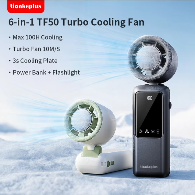 TiankePlus Quạt Cầm Tay Có Sò Lạnh 6 trong 1 TF50 Max – Gió Turbo Mạnh, Gấp Gọn, Quạt Mini Sò Lạnh, Quạt Tích Điện Mini Pin 9000mAh, Có Sạc Dự Phòng & Đèn Pin