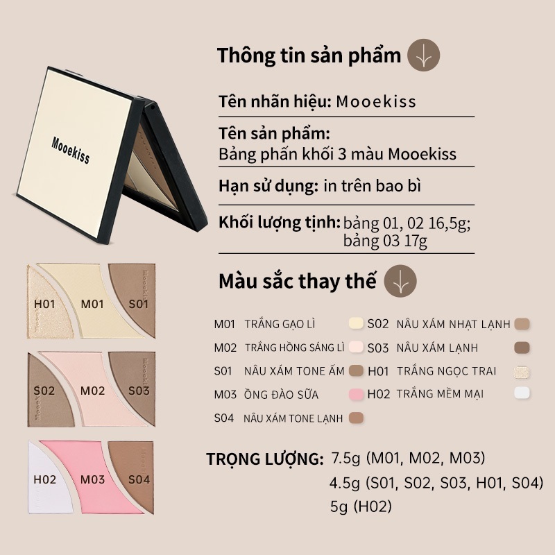 [Live Combo 16.5gx2] Combo 2 bảng tạo khối Mooekiss 3 màu giúp định hình khuôn mặt rõ nét 16.5g | BigBuy360 - bigbuy360.vn