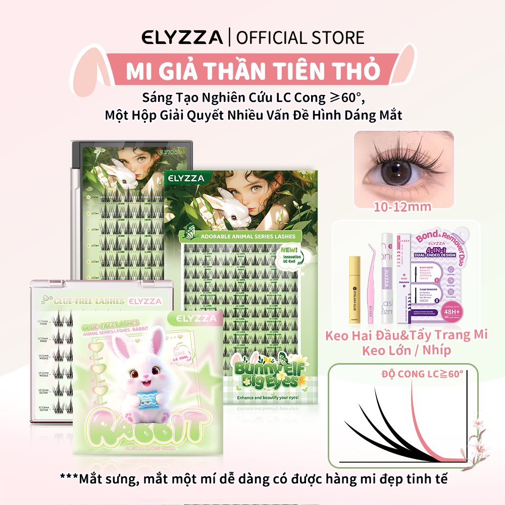 Lông Mi Giả Yêu Tinh Thỏ 10-12mm ELYZZA Sợi Mi Cong LC, Mi Cụm Mềm Mại Tạo Hiệu Ứng Mắt To Tự Nhiên