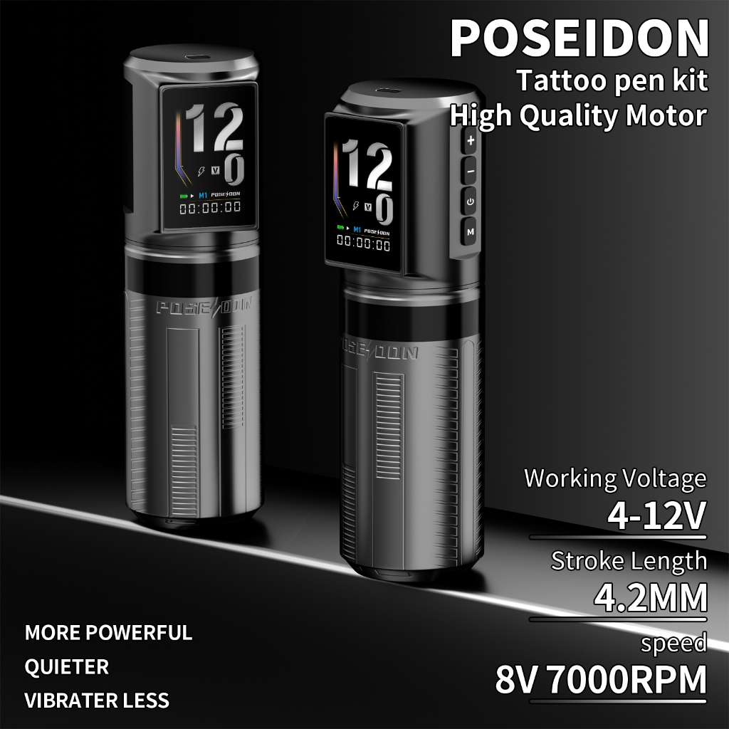 Bút xăm không dây POSEIDON có màn hình LED, Máy xăm bằng nhựa có nguồn điện 2300mAh, Máy xăm chuyên nghiệp dành cho nghệ sĩ và người mới bắt đầu