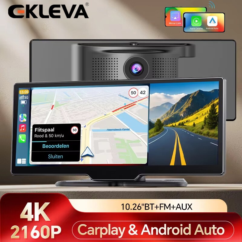 EKLEVA 4K 10.26 "DVR ô tô Ống kính kép Dash Cam Gương hỗ trợ Carplay Android Auto WIFI