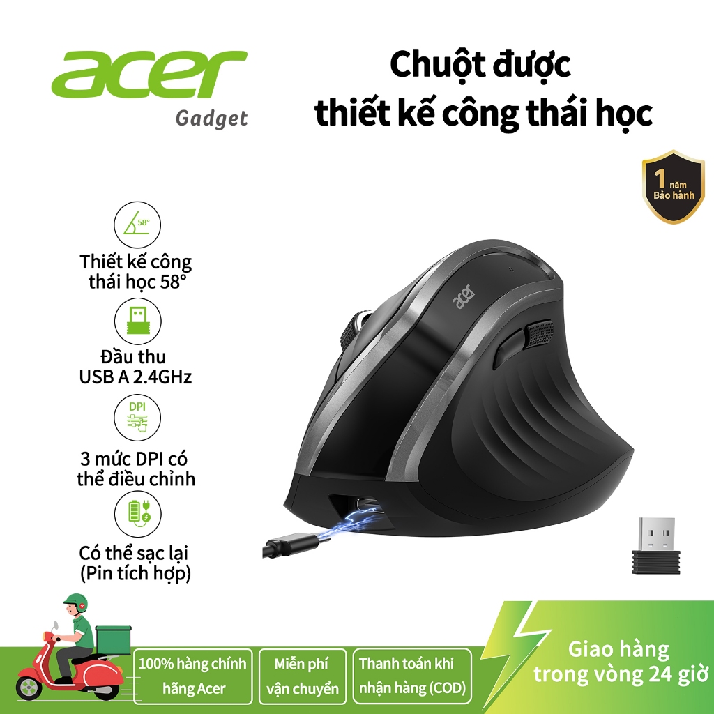 Acer  Chuột tiện dụng không dây, Chuột máy tính dọc cho văn phòng, Chuột Ergo có thể sạc lại, Đầu thu USB 2.4GHz, 800 / 1200 / 1600 DPI, 6 nút cho máy tính xách tay, PC và máy tính để bàn