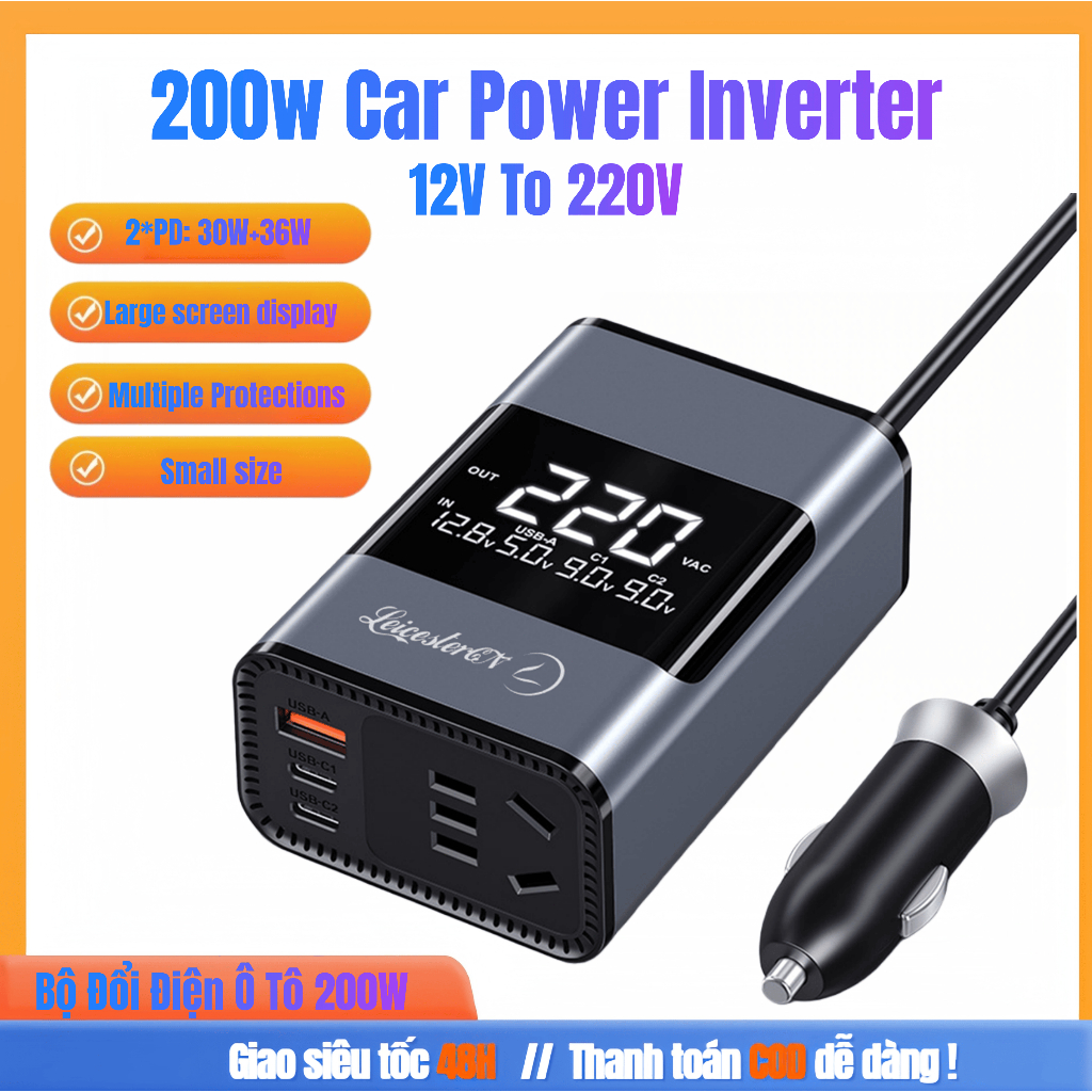 Bộ Đổi Điện Ô Tô 200W - 12V DC Lên 220V AC, Cổng USB Sạc Nhanh, Ổ Cắm Đa Năng, An Toàn Tuyệt Đối