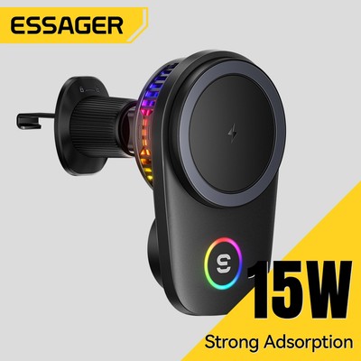 Essager 15W Sạc xe hơi không dây từ tính RGB Chiếu sáng xung quanh Lỗ thông hơi Giá đỡ điện thoại ô tô
