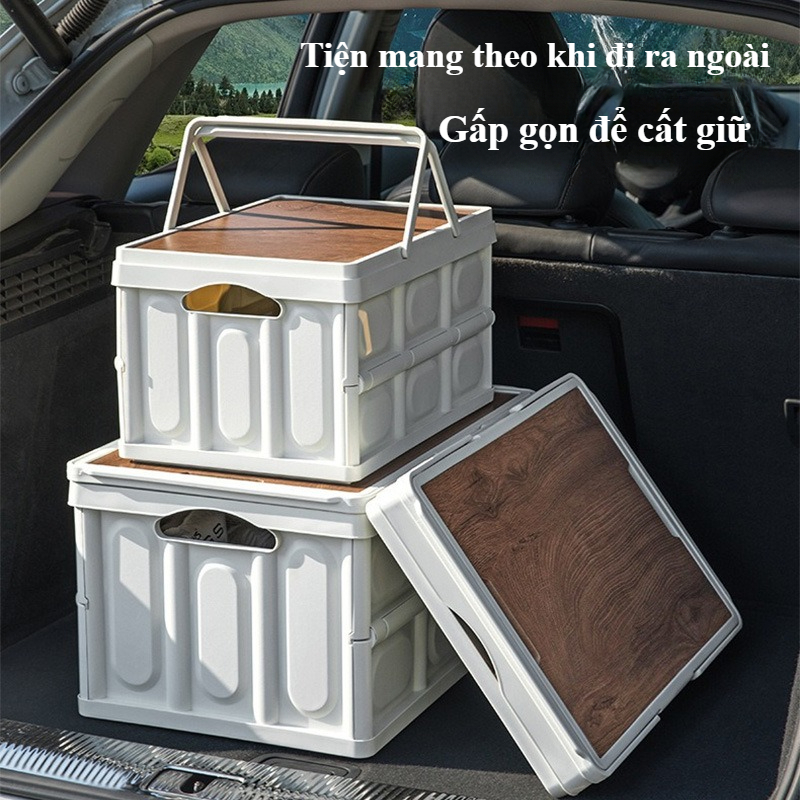 Bàn camping gấp gọn kết hợp hộp đựng đồ đa năng bằng nhựa, nắp gỗ để đi cắm trại, dã ngoại | BigBuy360 - bigbuy360.vn