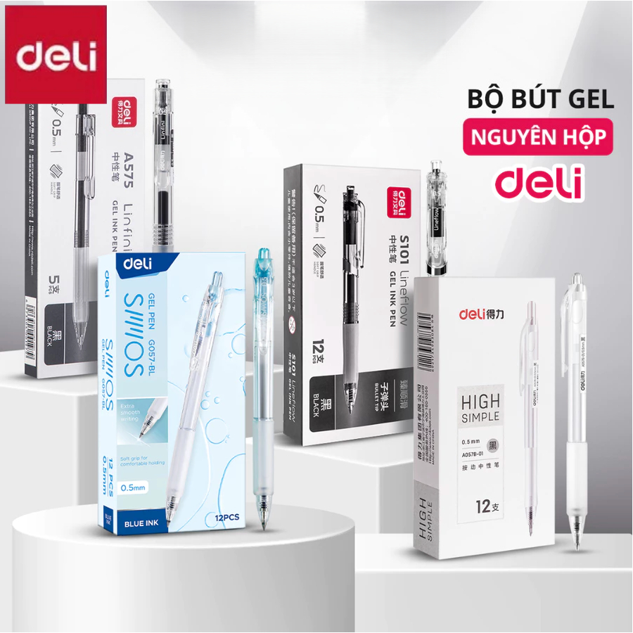 Nguyên Hộp A575 Bộ Bút Bi Nước Mực Gel Ngòi 0.5mm Dung Tích Mực Lớn Deli A575, A057B, Màu Xanh Đen Đ