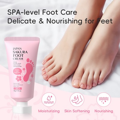 LAIKOU Japan Sakura Foot Cream 50g - Độ ẩm đậm đặc cho giày cao gót nứt thô khô với axit Lactic, bơ hạt mỡ & lô hội | Làm mềm & sửa chữa chân