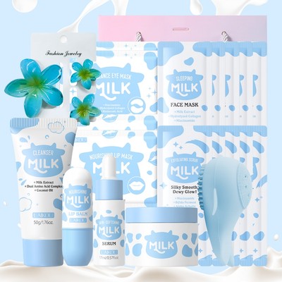 【 MILKY CARE 】 Bộ quà tặng chăm sóc da và chăm sóc cơ thể LAIKOU Complete Milk - 11 chiếc | Sữa rửa mặt, Serum, Kem, Chăm sóc môi, Mặt nạ mắt, Tẩy tế bào chết, Mặt nạ ngủ để nuôi dưỡng phát sáng