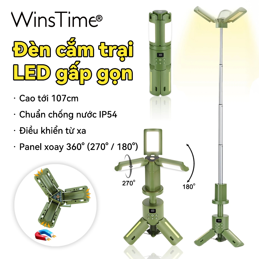 WinsTime Z77 LED - Đèn cắm trại gập lại được, siêu sáng, chống nước, tiện lợi cho hành trình dài