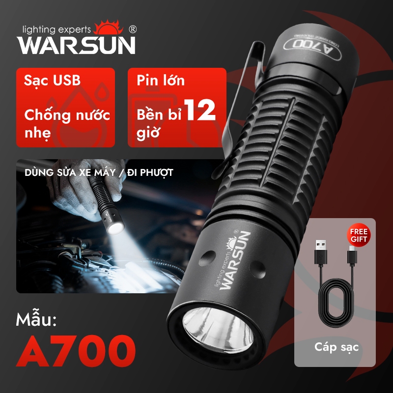 Đèn pin chiến thuật WARSUN A700 – 700LM, siêu bền, sạc USB, dùng đi phượt / sửa xe