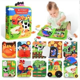 Sách vải 3D theo chủ đề trang trại. Bảng học tập nỉ, bảng học tập nhận thức động vật. Sách vải 3D + 6 vòng ngón tay, miếng dán có thể tháo rời.