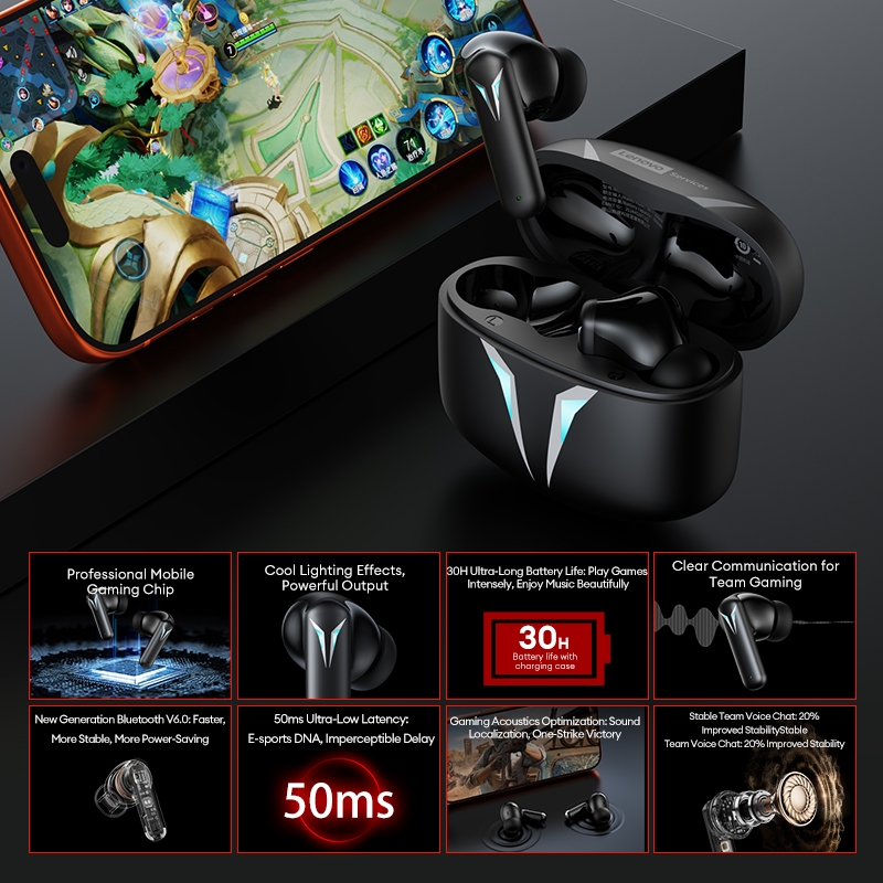 Tai nghe Bluetooth Lenovo GT102 và Tai nghe chơi game không dây với độ trễ thấp 0,05s và định vị âm thanh cộng với pin 30H | BigBuy360 - bigbuy360.vn