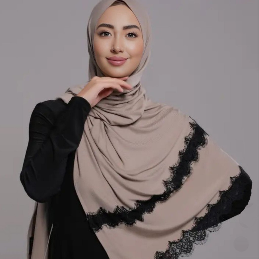 Jifang Hijab Đen Lông Mi Ren Trơn từ Rayon Cotton Phù Hợp với Pashmina