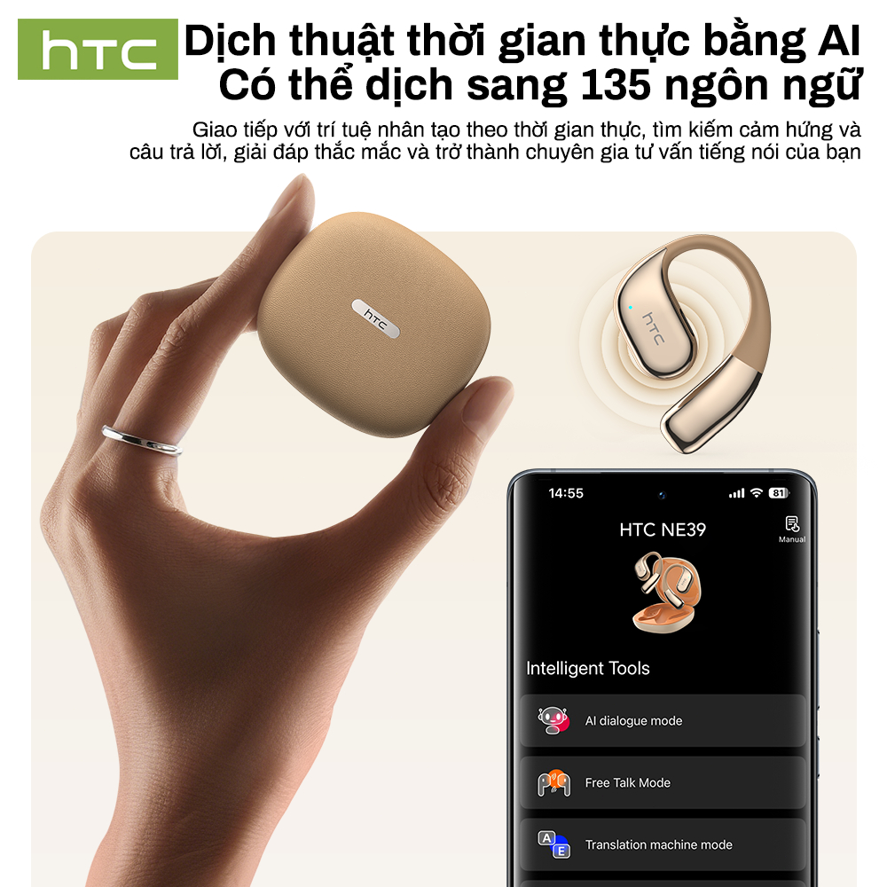 HTC NE39 Tai nghe dịch thuật AI Tai nghe Bluetooth 6.0 Hỗ trợ dịch thuật 134 ngôn ngữ Chống nước IPX5 Chất lượng âm thanh Hi-Fi Khử tiếng ồn Gọi điện thoại chất lượng HD | BigBuy360 - bigbuy360.vn