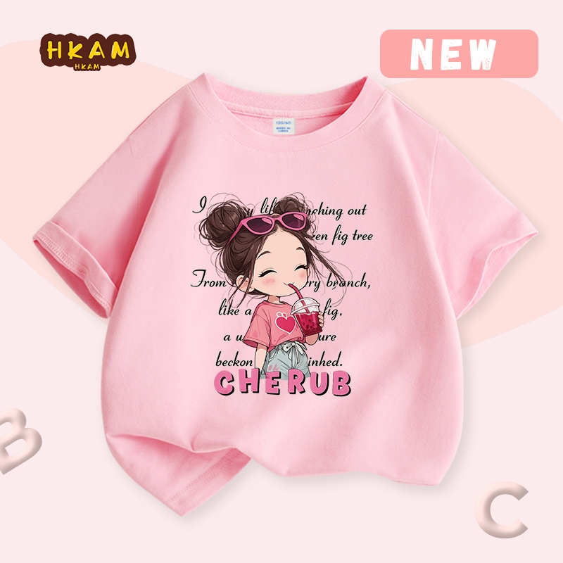 HKAM Áo thun cho bé Áo thun trẻ em 100% Cotton mềm mại thoải mái, in hình bé gái