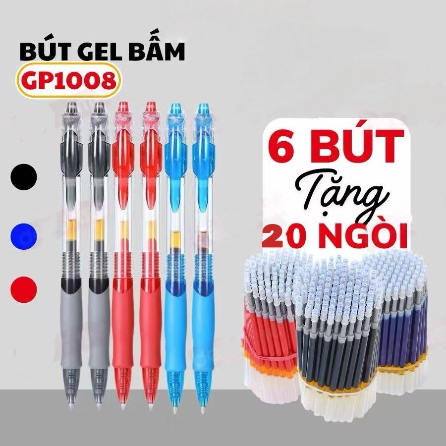 [6 bút + 20 ngòi]Set 6 Bút 20 Ngòi Bút Bi Béo Bút Gel Mực Xanh, Đen, Đỏ, Bút Gel Bấm Có Đệm Tay Mềm,