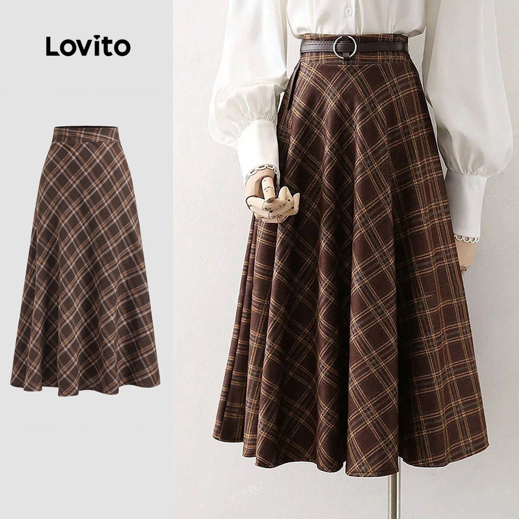 Chân váy nữ Lovito ghép vải kẻ caro thanh lịch LBL22556