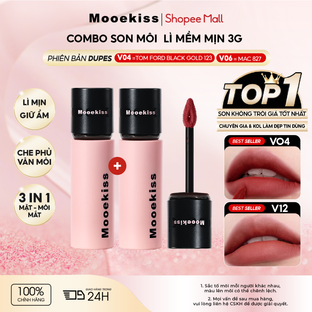  COMBO 2 Son Kem Lì Mooekiss Velvet Lip Mud 3g x 2 