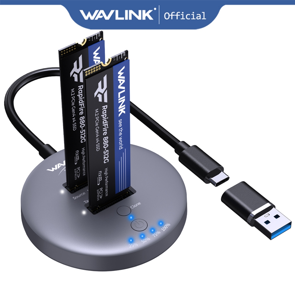 WAVLINK M.2 NVMe SSD Cloner, 10G Dual-Bay NVMe sang USB-C / A Docking Station, Hỗ trợ một cú nhấp ch