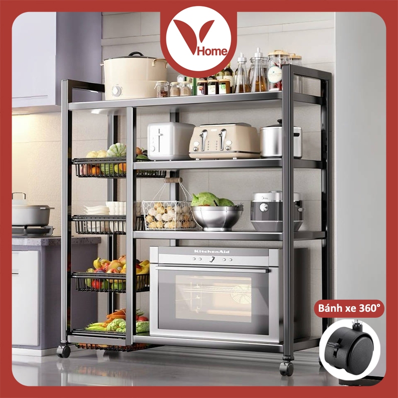 Vhome Giá đỡ lò vi sóng mô hình mới nhất Giá đựng rau củ đa chức năng Giỏ rau củ 【Có ròng rọc】