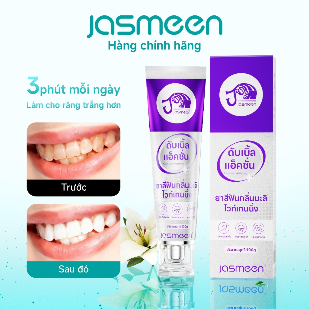 Kem Đánh Trắng Răng Tự Nhiên JASMEEN - Hương Bạc Hà & Lài Giảm Mùi Hôi Miệng Hiệu Quả - 100g