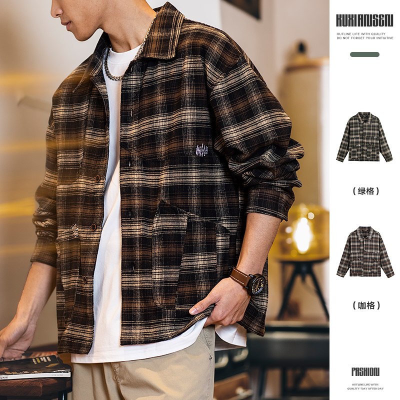 Wuluwear American retro checkered shirt men's long sleeved autumn 2025 new casual embroidered shirt 
