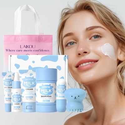 ✨[Bộ sữa phát sáng] thói quen 5 trong 1 LAIKOU: Làm sáng da mặt + Mắt mờ + Môi đầy đặn | Chăm sóc toàn diện với bàn chải mặt bạch tuộc & hộp quà tặng | Món quà hoàn hảo!