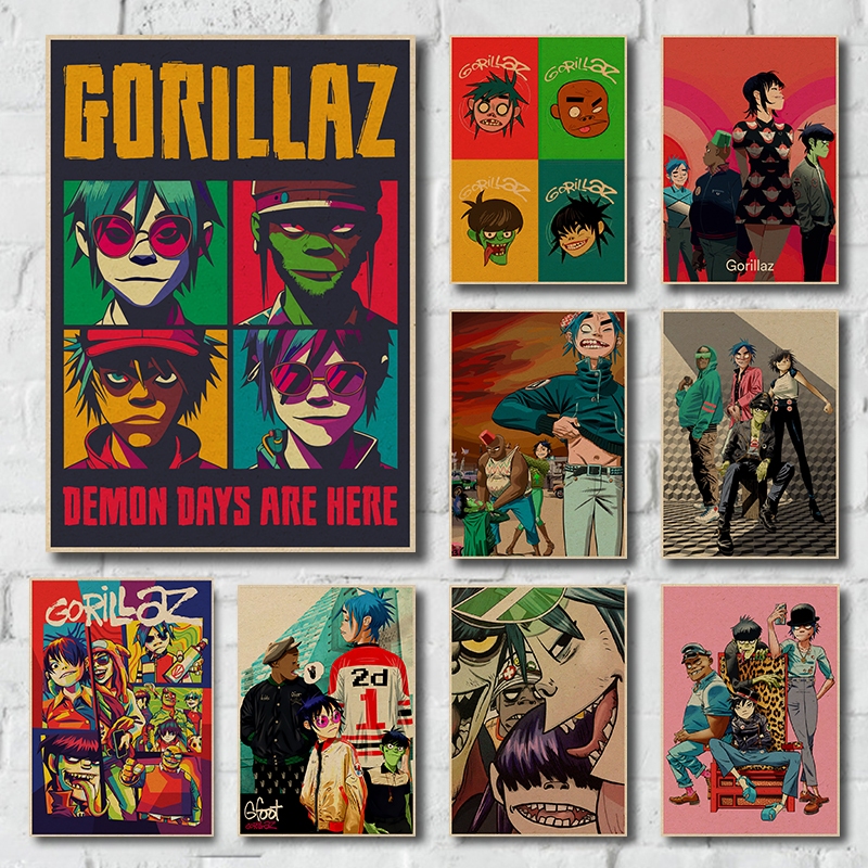 Gorillaz Retro Giấy Kraft Poster Bìa Nhạc Phòng Khách Treo Tường Poster