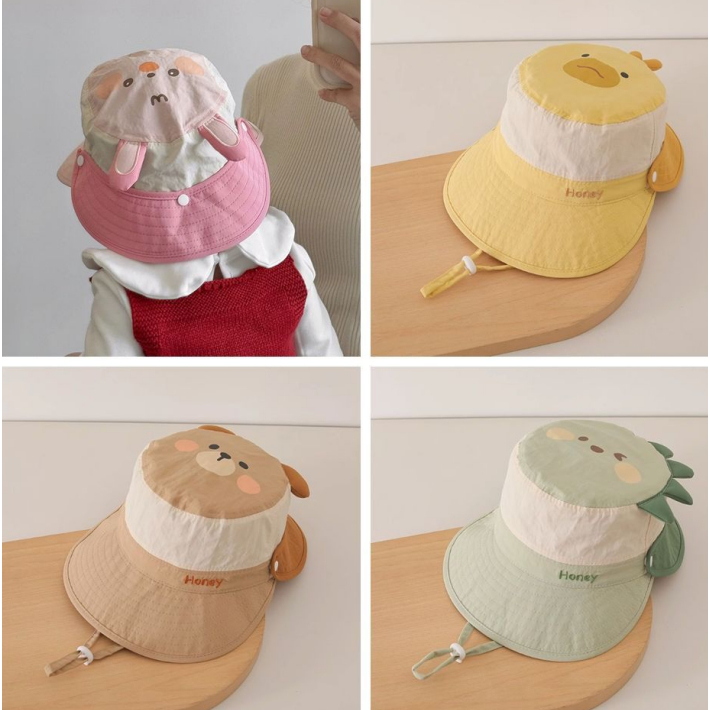 BLACKBEAR LIMIT Summer Kid Sunhat, Mũ che nắng có thể tháo rời Mũ xô động vật hoạt hình, Mũ chống nắng thêu chữ thoải mái Mũ ngư dân chống tia cực tím khô nhanh Mũ ngư dân trẻ em bé gái