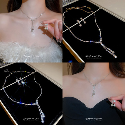 Dây chuyền chữ Y và bông tai kim cương giả, thiết kế sáng bóng, phụ kiện thời trang phù hợp mọi dịp