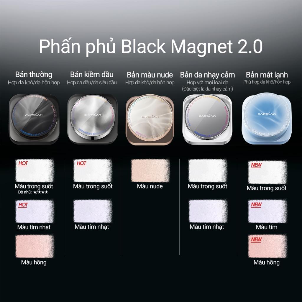 Phấn phủ Black Magnet CARSLAN kiềm dầu màu đen chống nước chống mồ hôi che phủ bóng dầu cho mặt 8g | BigBuy360 - bigbuy360.vn