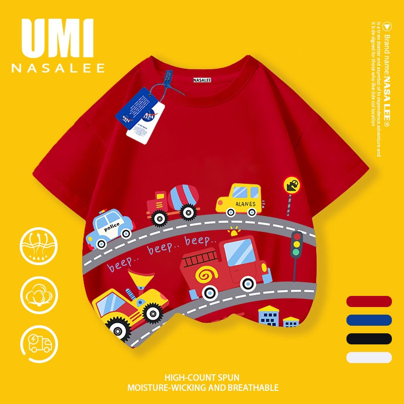 【Giao hàng trong ngày】Áo thun trẻ em NASA màu đỏ cotton thoáng mát, in hình xe đồ chơi ngộ nghĩnh, áo tay ngắn thoải mái dành cho bé trai bé gái 3-16 tuổi.