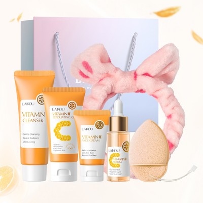 Bộ chăm sóc da làm sáng & dưỡng ẩm VC của LAIKOU | Chống xỉn màu với Vitamin C Sữa rửa mặt, Kem, Serum, Tẩy tế bào chết | Định kỳ đầy đủ + Phụ kiện