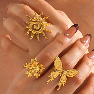 Nhẫn bộ ba mặt trời và hoa bướm bằng thép không gỉ, phù hợp thời trang cho nam và nữ