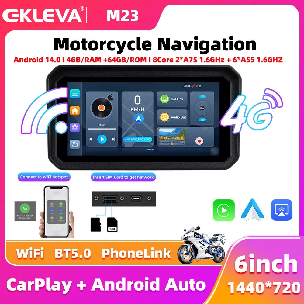 EKLEVA 6 Inch Xe Máy DVR Android 14 8 Cores 4 + 64GB Động Cơ Không Dây CarPlay Android Tự Động Xe Má