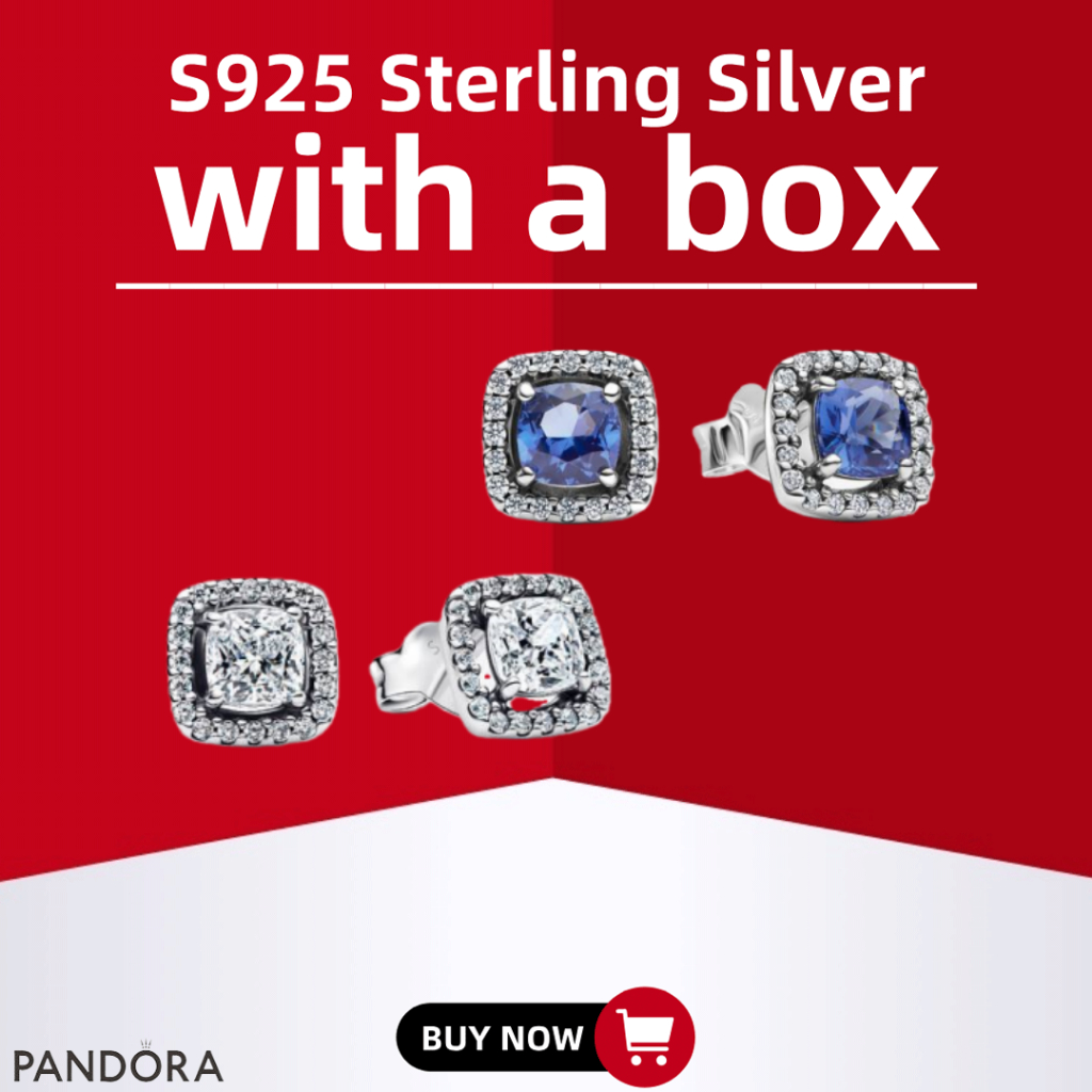 Hộp quà bạc S925 nguyên chất, trang sức Pandora Set-Square Halo Stud Earings