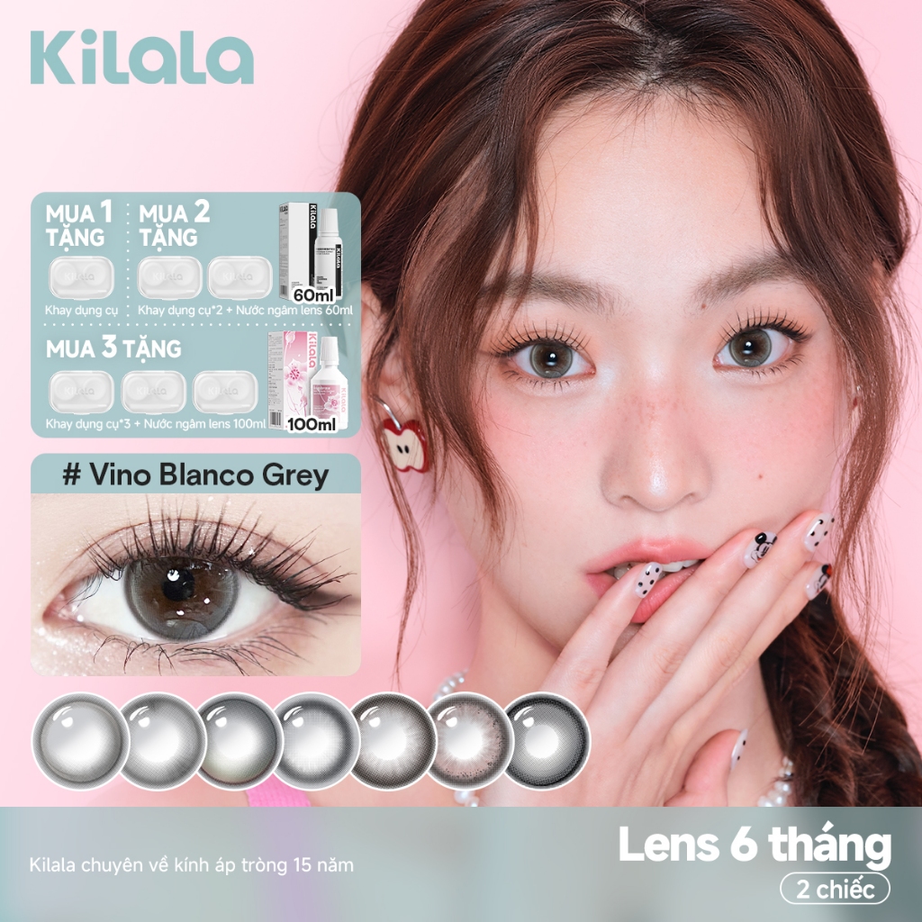 Kính áp tròng Kilala màu đen Vino Blanco Grey/Savage Gene Grey/Trail Greylens cận 6 tháng DIA 14.2mm