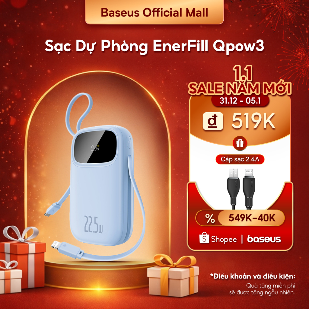  【CCC Certified Baseus QPow3 Pin Dự Phòng Sạc Nhanh Màn Hình Kỹ Thuật Số – Cáp Kép Kích Thước Nhỏ Có Chứng Nhận CCC 