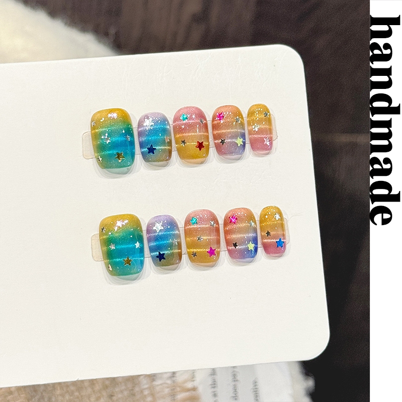 Bấm vào móng tay handmade [Rainbow Star Phantom Color] Rainbow Gradient Star Flash Piece handmade Đe