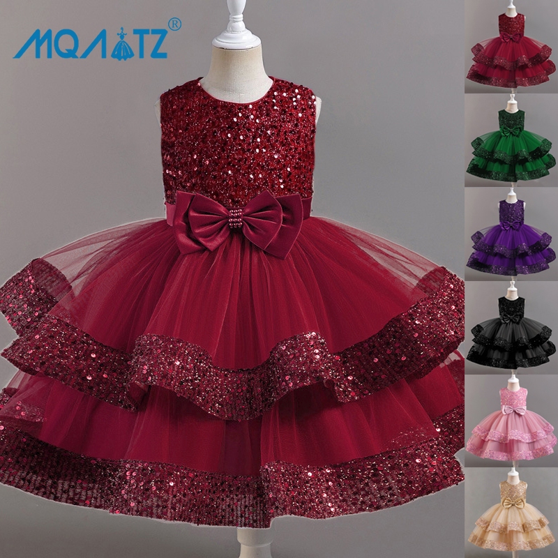 Mqatz Sequin Đảng Bé Gái Đầm Cho Trẻ Em Quần Áo Nơ Váy Công Chúa Không Tay Trang Phục Sinh Nhật Than